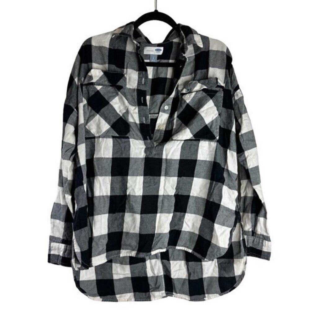 Black White Plaid Women's Old Navy Hi Low Shirt Long Sleeve